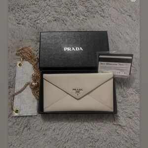 Prada Cream Saffiano Envelope Chain Wallet with Gold Hardware